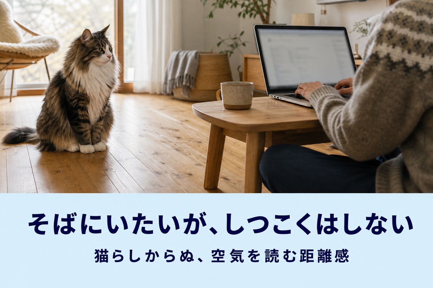 ノートPCで作業する人から少し離れて静かに座るノルウェージャン。そばにいたいがしつこくはしない、空気を読む距離感