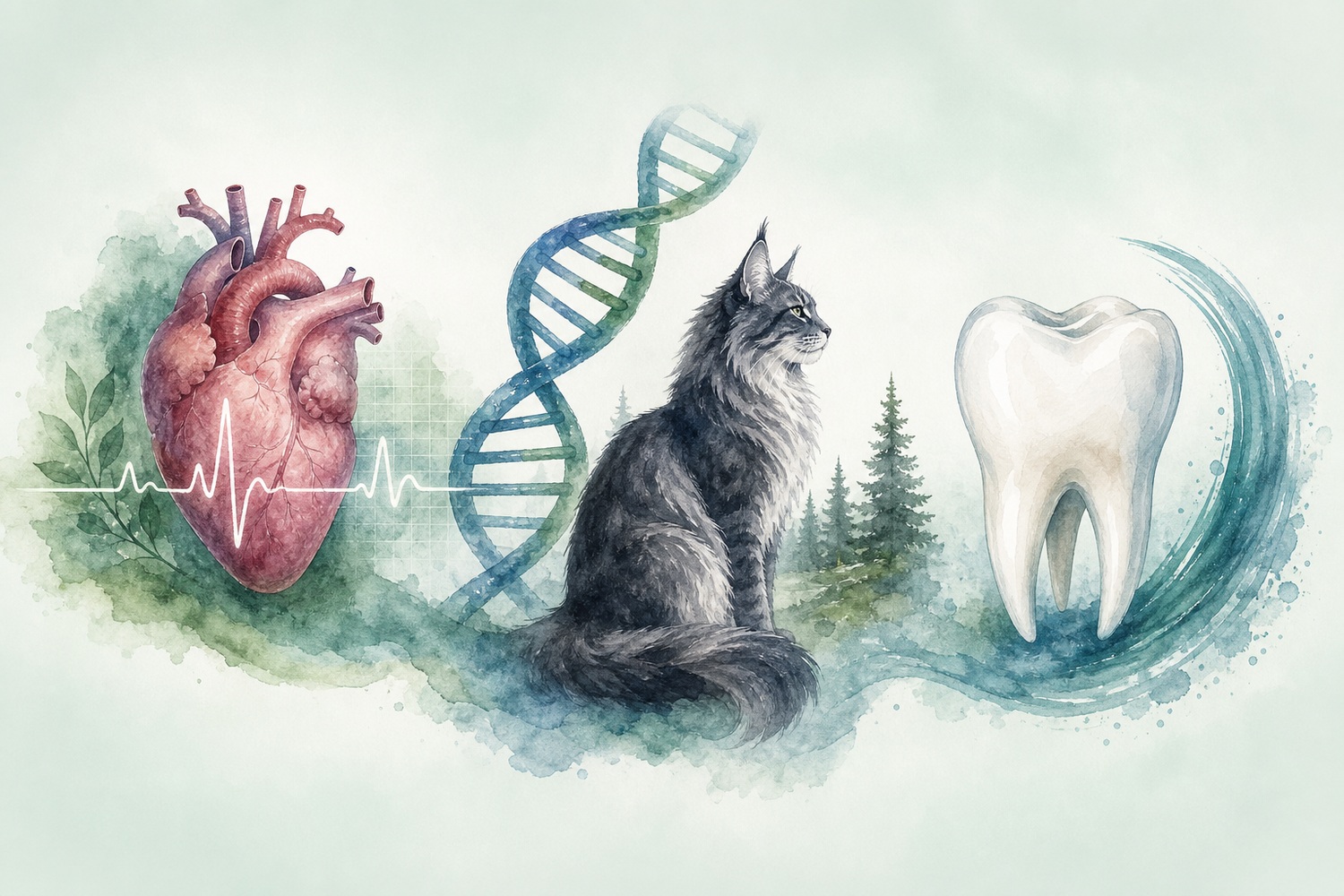 心臓・DNA・歯の3つを水彩で描いたイラスト。HCM心臓エコー・GSD IV遺伝子検査・歯周病ケアの3本柱を表す