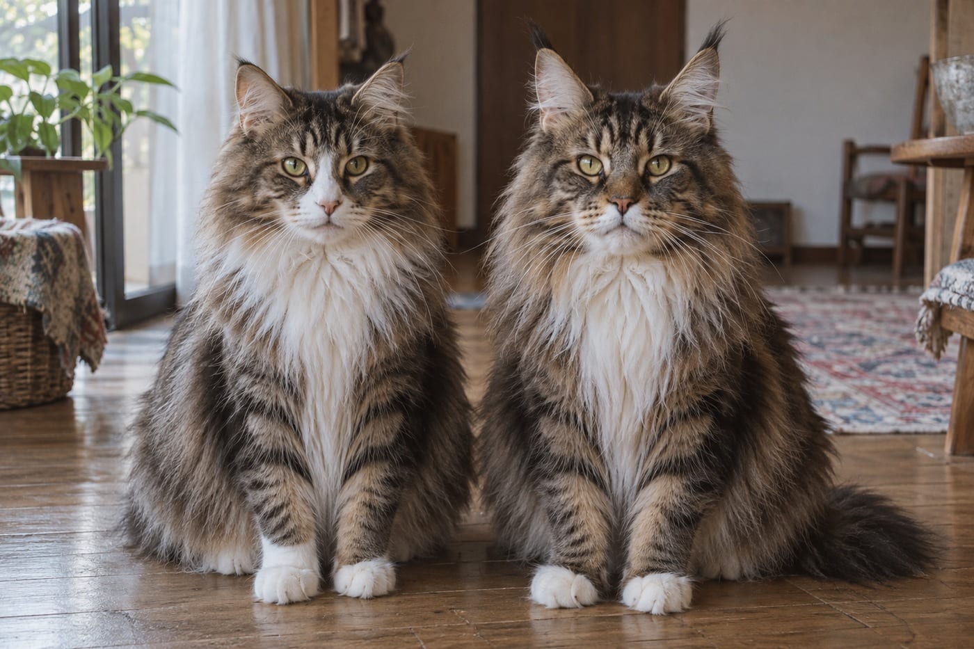 同じブラウンタビーと白の毛色の長毛の猫が2頭、並んで座って正面を向いている。左がノルウェージャンフォレストキャット、右がメインクーン