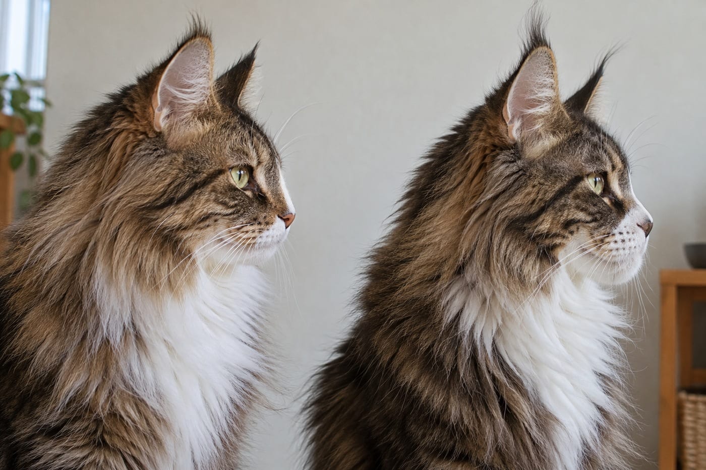 ブラウンタビーと白の長毛の猫2頭の横顔を並べた写真。左のノルウェージャンは鼻筋がまっすぐで、右のメインクーンは鼻筋がゆるくへこんでいる