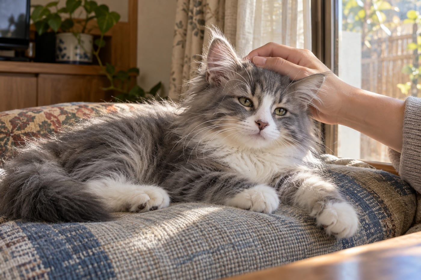 窓辺のクッションでくつろぐ、灰色と白のしま模様のノルウェージャンフォレストキャットの子猫と、頭をそっとなでる飼い主の手
