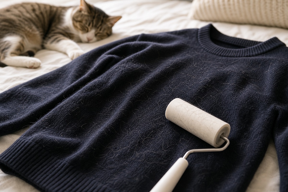 黒い服についた猫の毛をコロコロで取る生活シーン