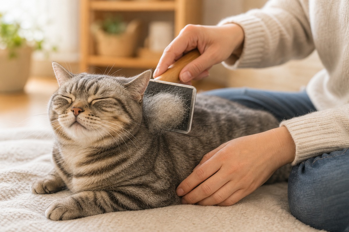 スリッカーブラシで猫の抜け毛をまとめて取るケア