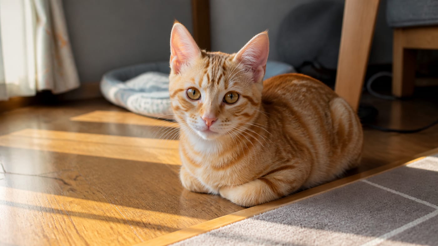 リビングの日だまりで香箱座りをしている茶トラの子猫