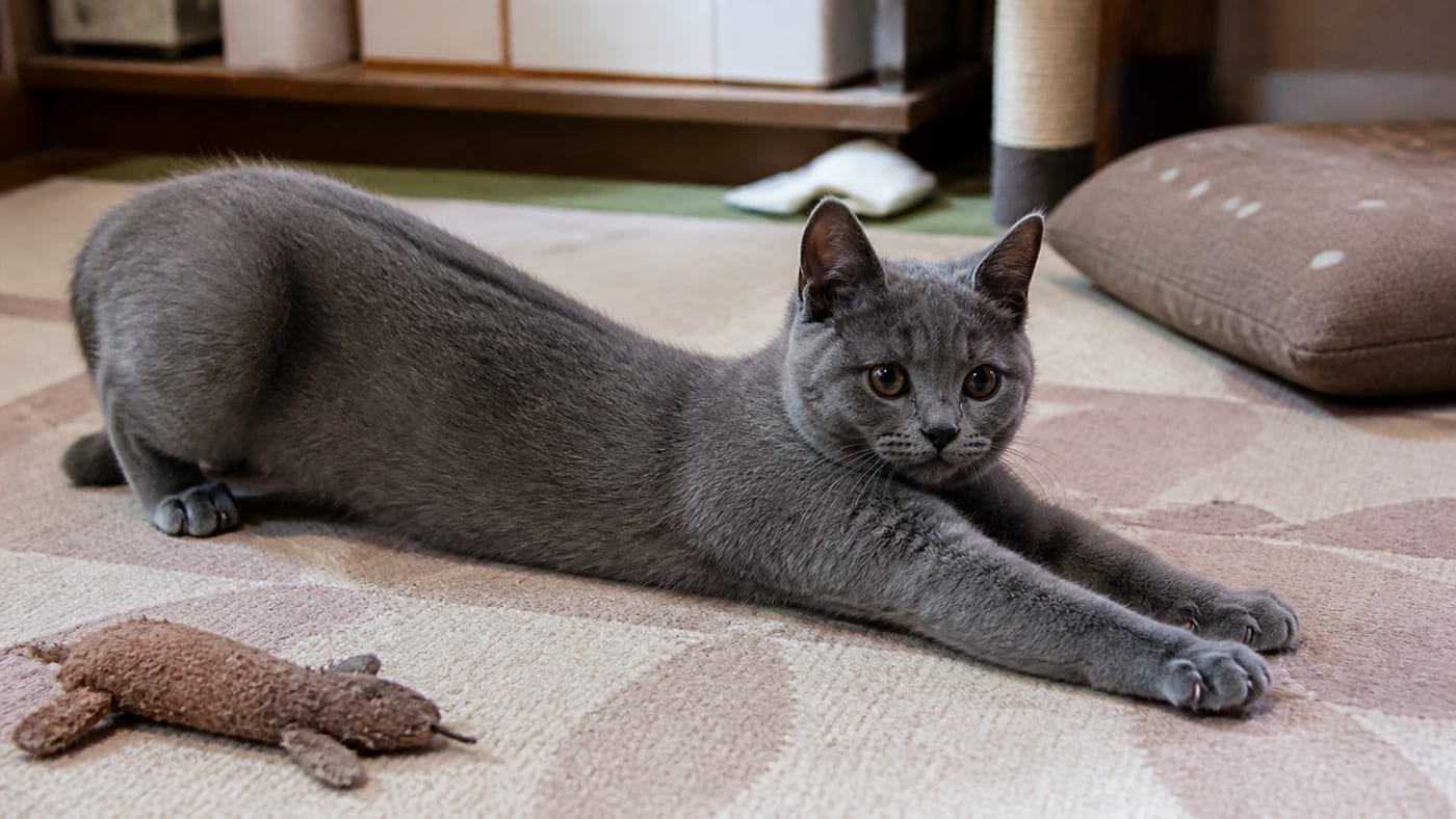 見学スペースで大きく伸びをしているグレーの子猫