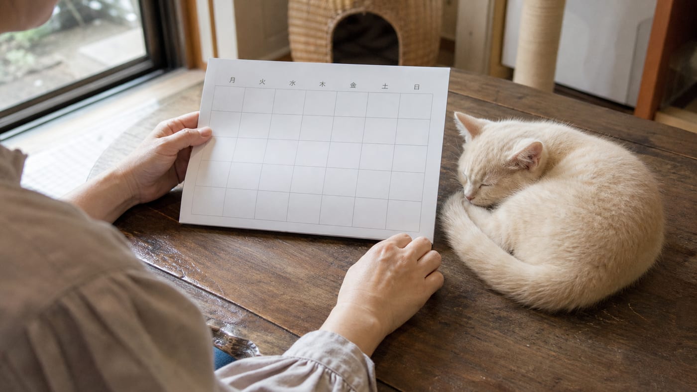 カレンダーの前で予定を確認する飼い主の手元と、その横で丸くなって眠るクリーム色の子猫