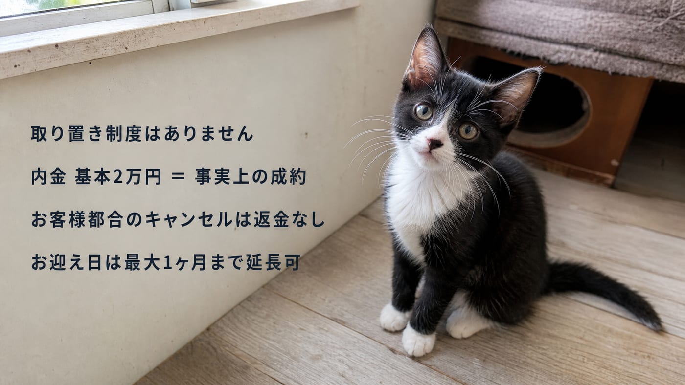 「取り置き制度はありません ／ 内金基本2万円＝事実上の成約 ／ お客様都合のキャンセルは返金なし ／ お迎え日は最大1ヶ月まで延長可」と書かれた条件の一覧と、こちらを見上げる白黒の子猫