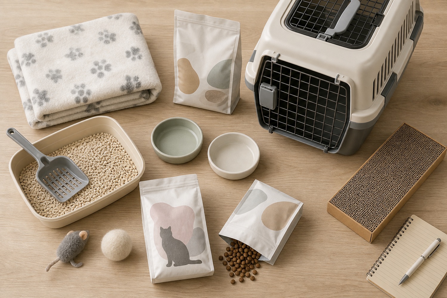 毛布・低めトイレ・猫砂・食器・フード・キャリー・爪とぎ・ノートを並べたお迎え準備キットのフラットレイ。到着前にすべて揃えておく