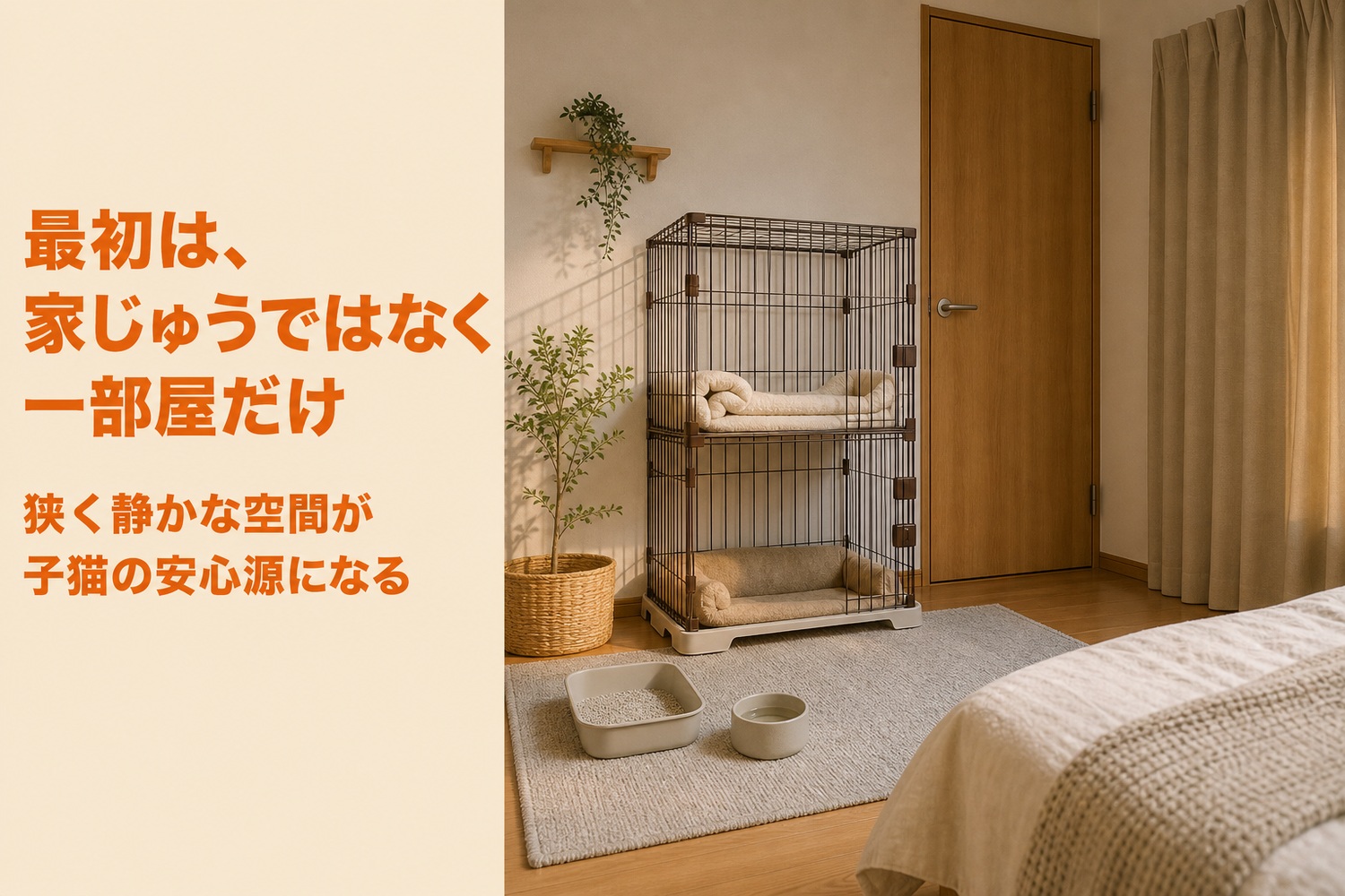 静かな寝室の一角にケージ・トイレ・水皿をまとめた子猫スペース。最初は家じゅうではなく一部屋だけ、狭く静かな空間が安心源になる