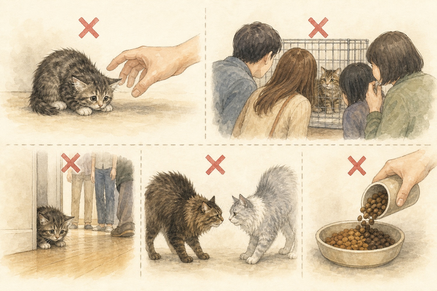 初日のNG行動5つを水彩で描いたイラスト。無理な抱っこ・大勢で囲む・来客・先住猫との即対面・フードの急な変更にそれぞれ赤い×印