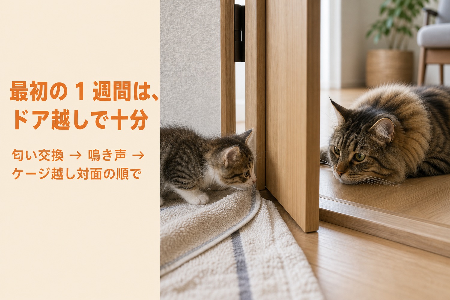 閉じたドアの隙間ごしに匂いをかぐ子猫と、敷居の内側で見守る先住猫。最初の1週間はドア越しで十分、匂い交換→鳴き声→ケージ越し対面の順で