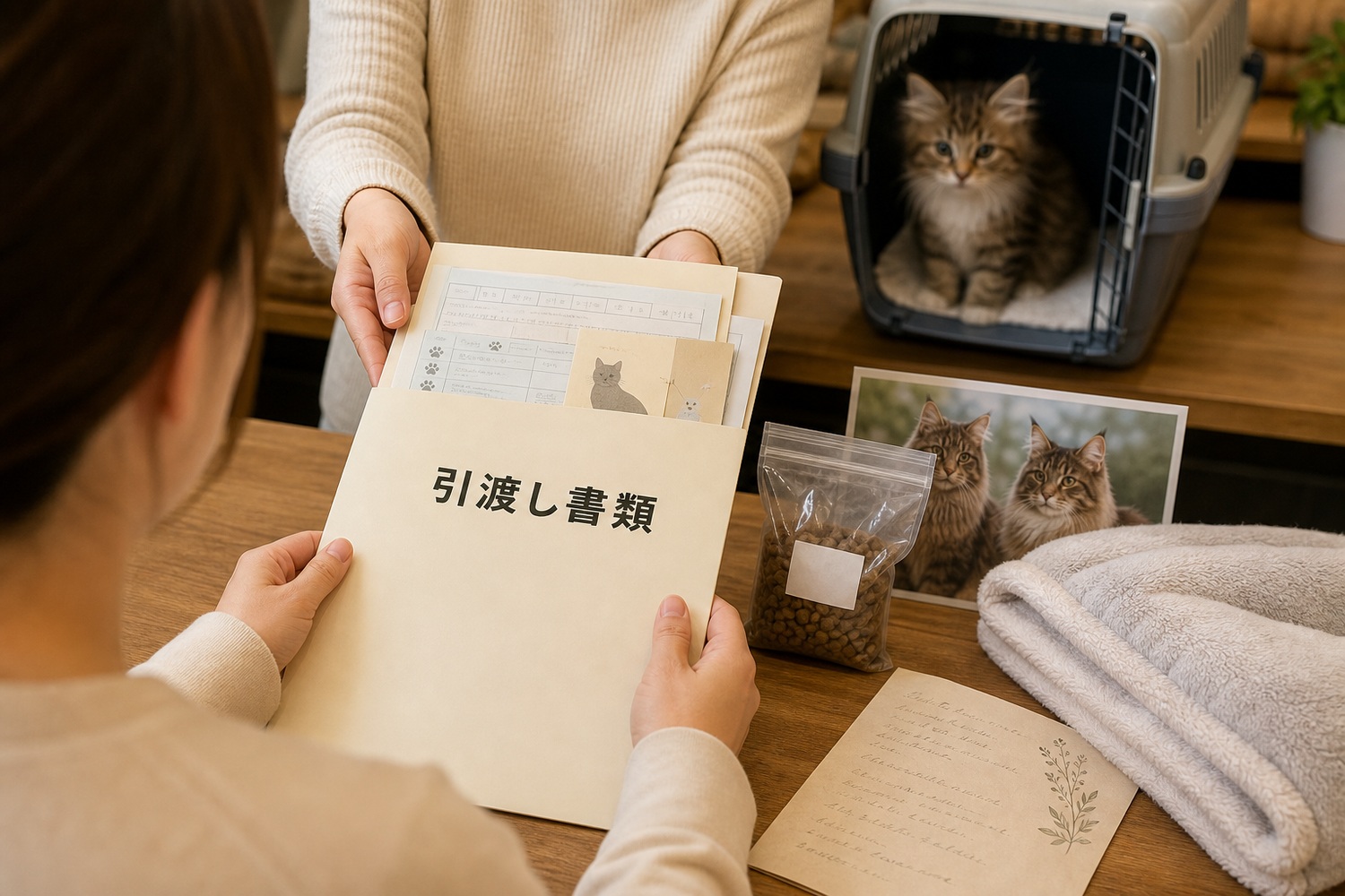 「引渡し書類」と書かれたフォルダを手渡すスタッフと、キャリーで待つ子猫。健康記録・ワクチン・給餌記録・親猫写真を添えてお渡しする