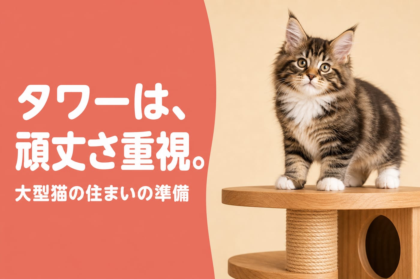 タワーは頑丈さ重視と伝えるサーモン帯バナーとキャットタワーに乗る子猫