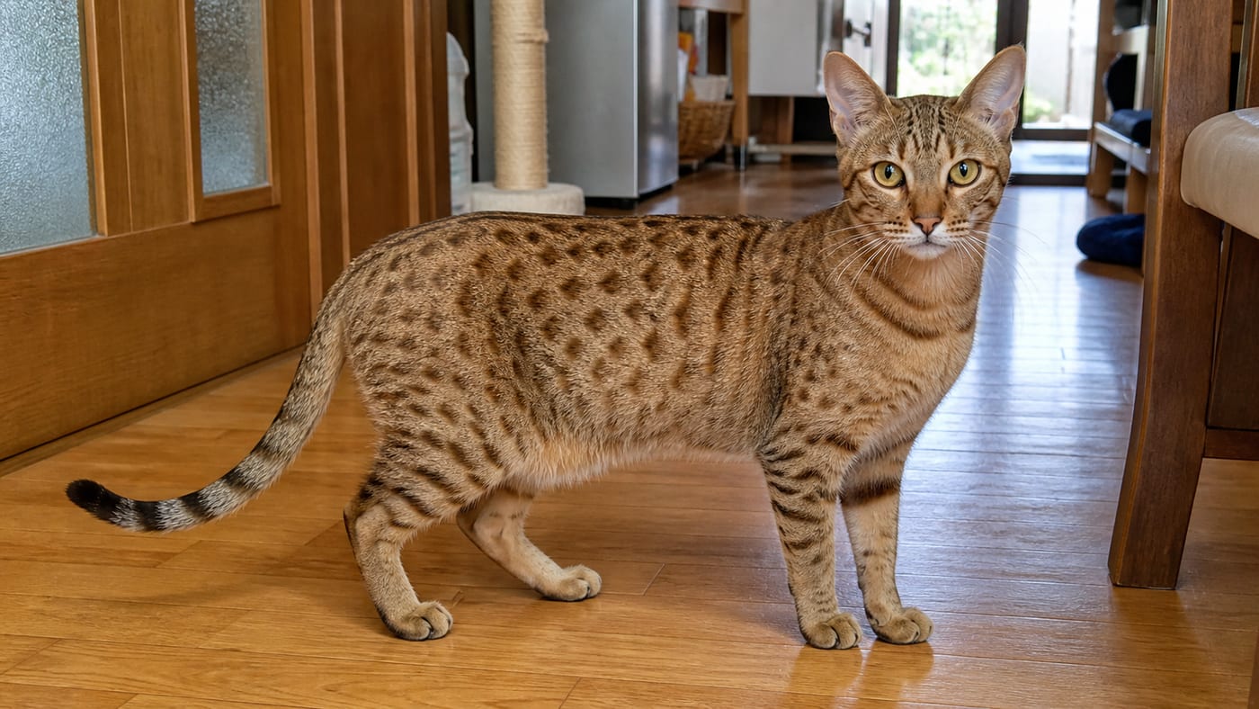 斑紋がはっきり分かる、フローリングに立つオシキャットの全身