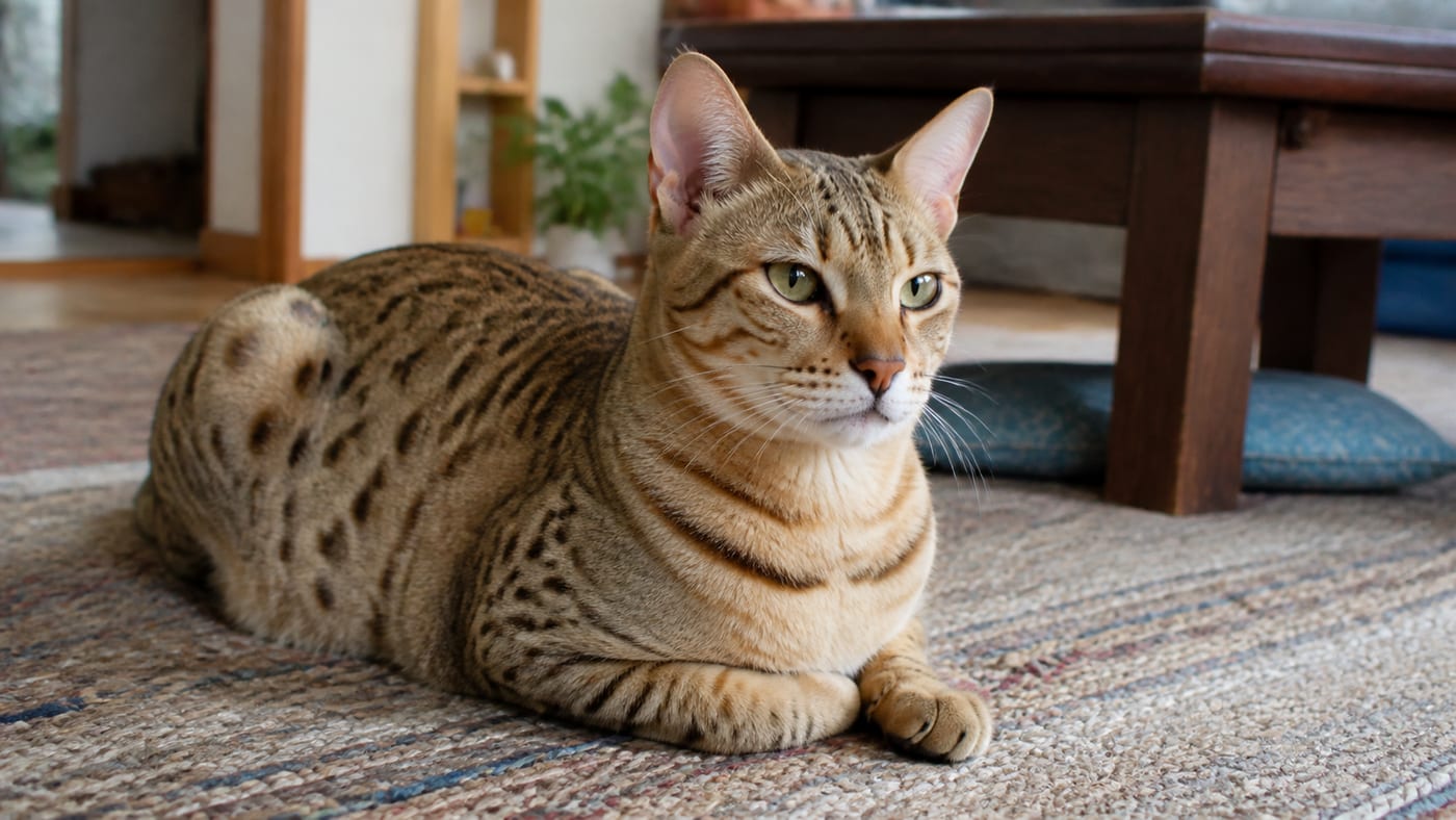 床に伏せて落ち着いているオシキャットの上半身