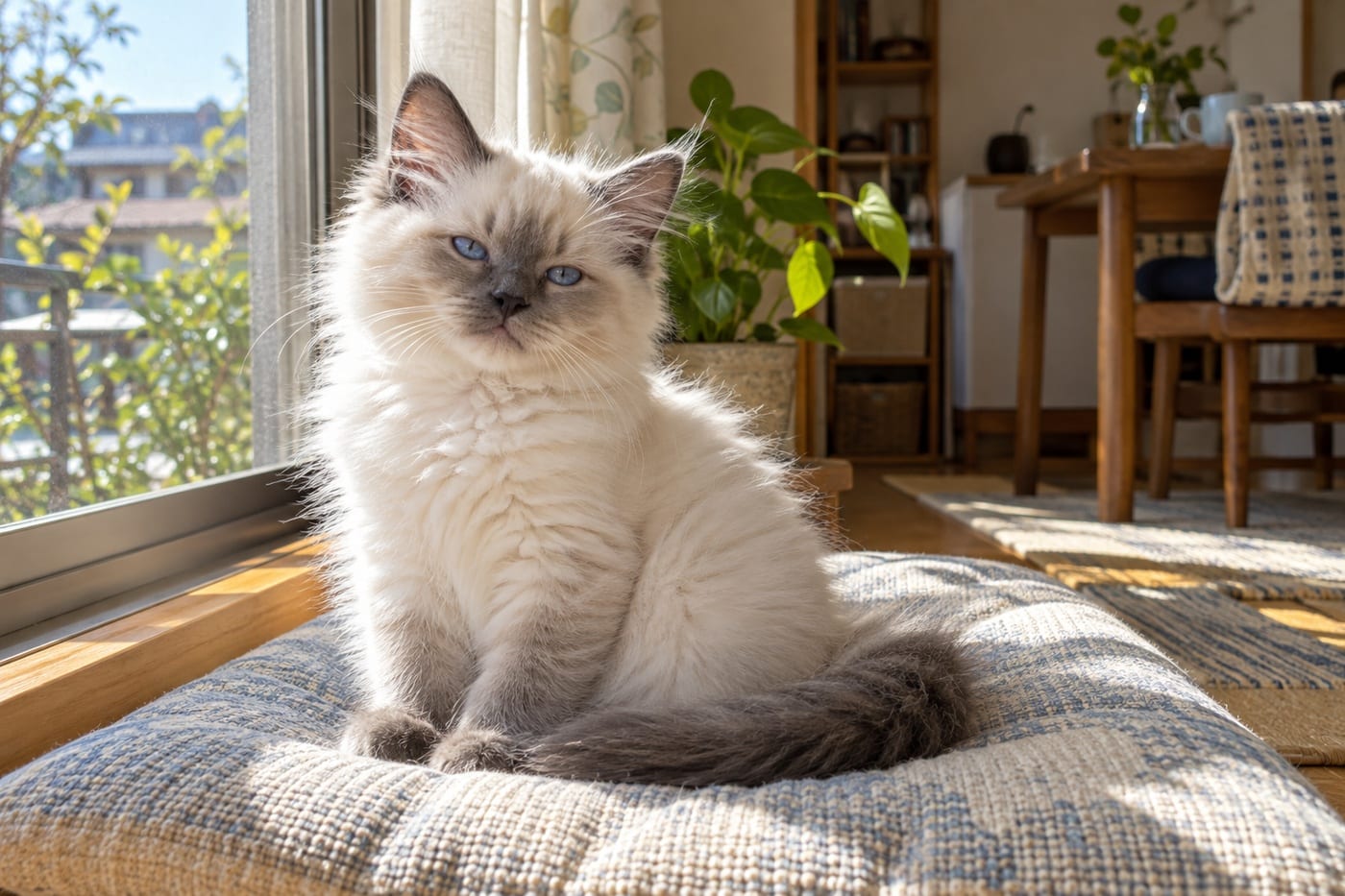 窓辺のクッションの上で、落ち着いて目を細めている青い目のラグドールの子猫