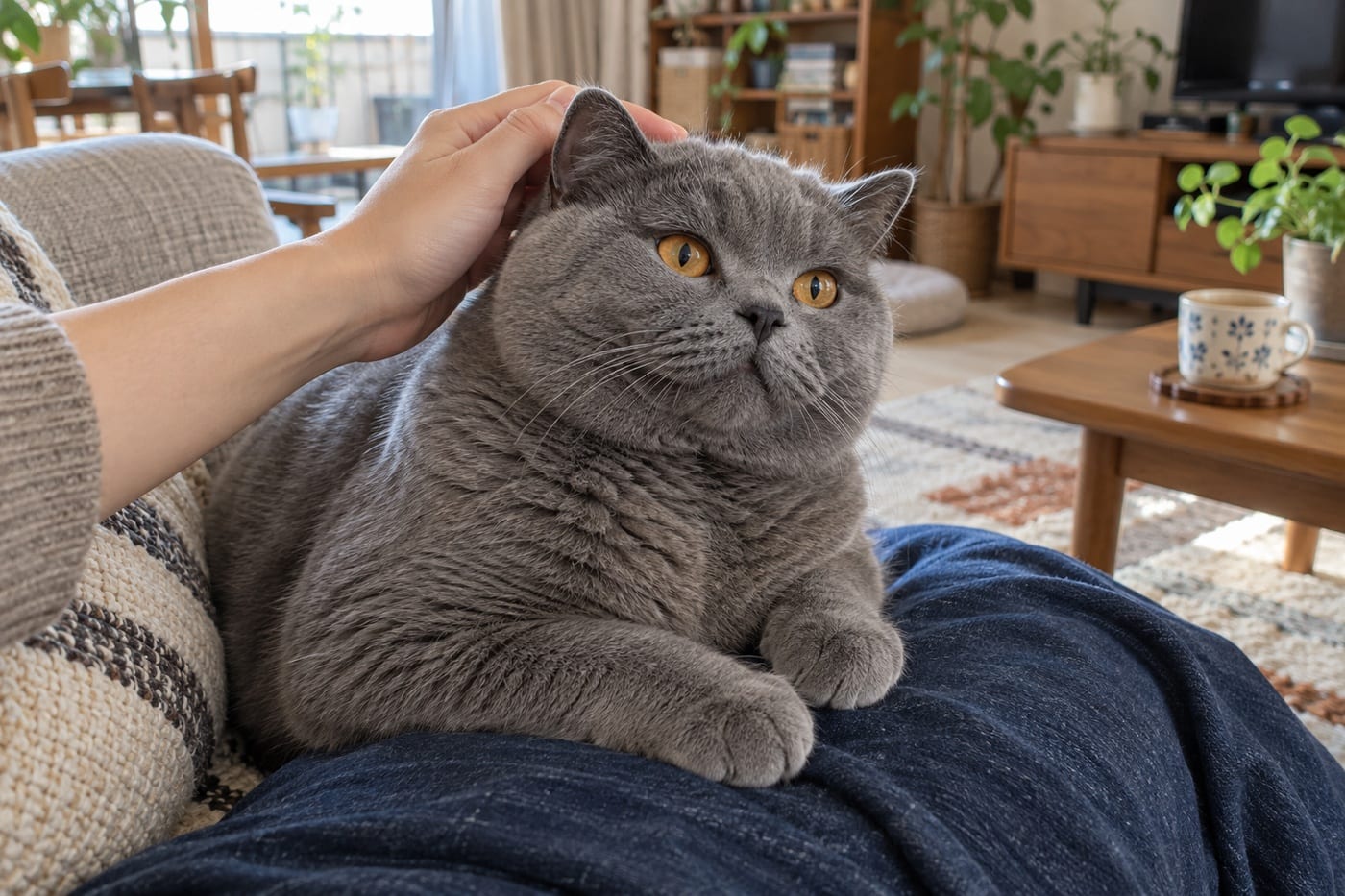 ソファでひざの上にのり、頭をなでられて穏やかにしているブルーのブリティッシュショートヘア