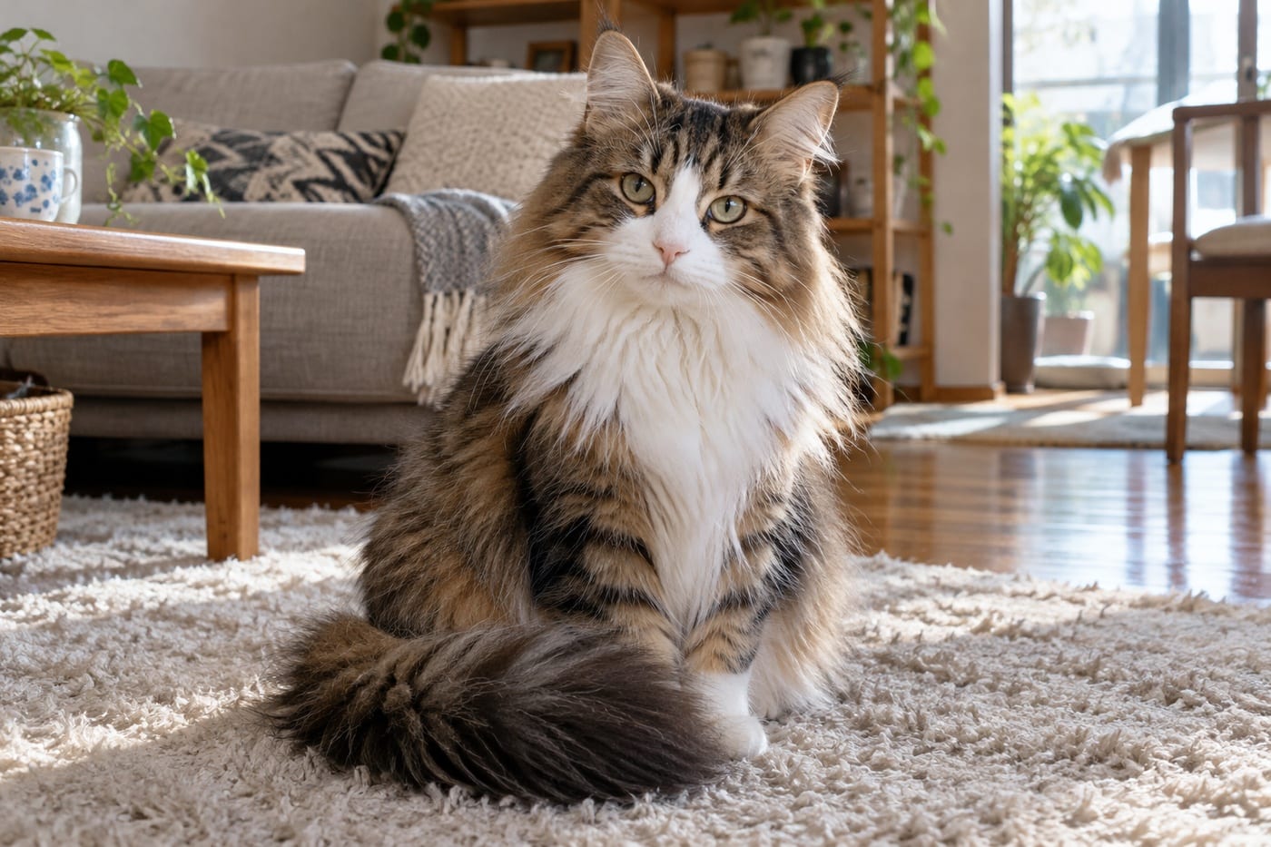 ふかふかのラグに座る、キジ白のノルウェージャンフォレストキャットの落ち着いた成猫