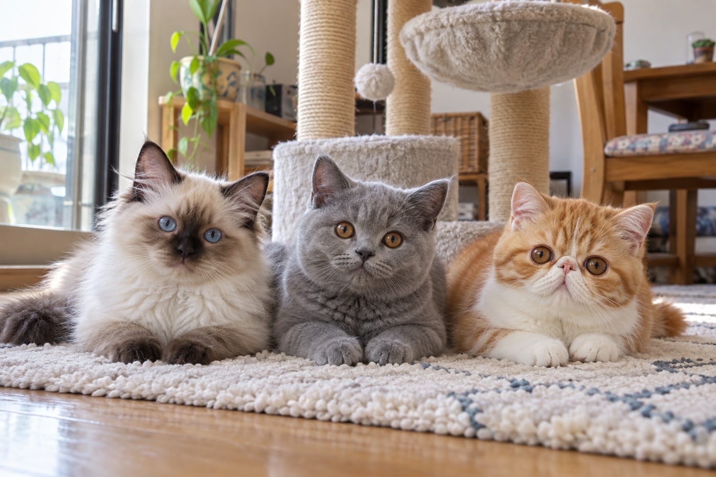 キャットタワーの足元のラグで並んでくつろぐ、ラグドール、ブリティッシュショートヘア、エキゾチックショートヘアの子猫