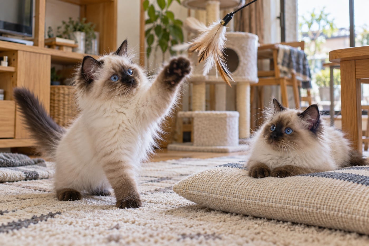 同じ部屋で、羽根のおもちゃに手をのばして遊ぶラグドールの子猫と、クッションの上でのんびり見ているラグドールの子猫