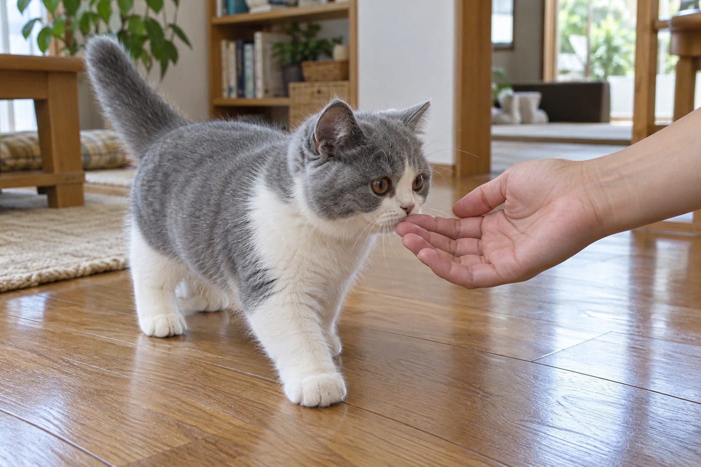 床に低く差し出された手に近づいて、指のにおいをかぐブルーと白のブリティッシュショートヘアの子猫
