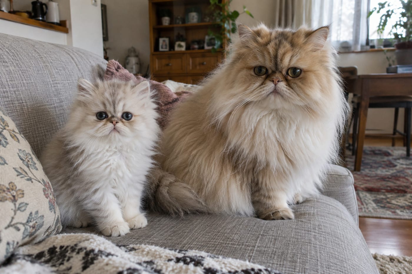ソファの上に並んで座る、生後数か月のペルシャの子猫（左）と、金色がかった長毛のおとなのペルシャ（右）。2頭ともこちらを向いている