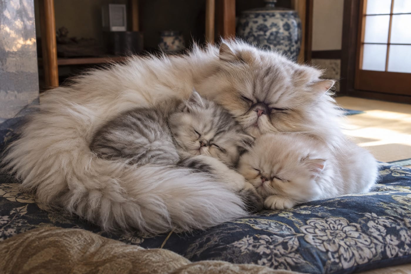 畳の部屋のクッションの上で寄り添って眠る、ペルシャの母猫と、銀色のトラ柄とクリーム色の子猫2頭