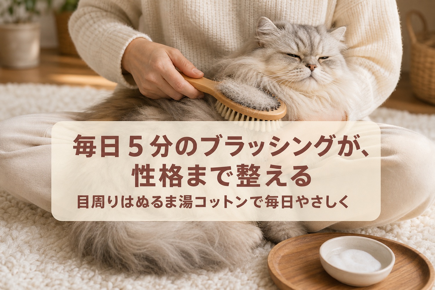 膝の上のペルシャをブラッシングする人。毎日5分のブラッシングが性格まで整える、目周りはぬるま湯コットンで毎日やさしく