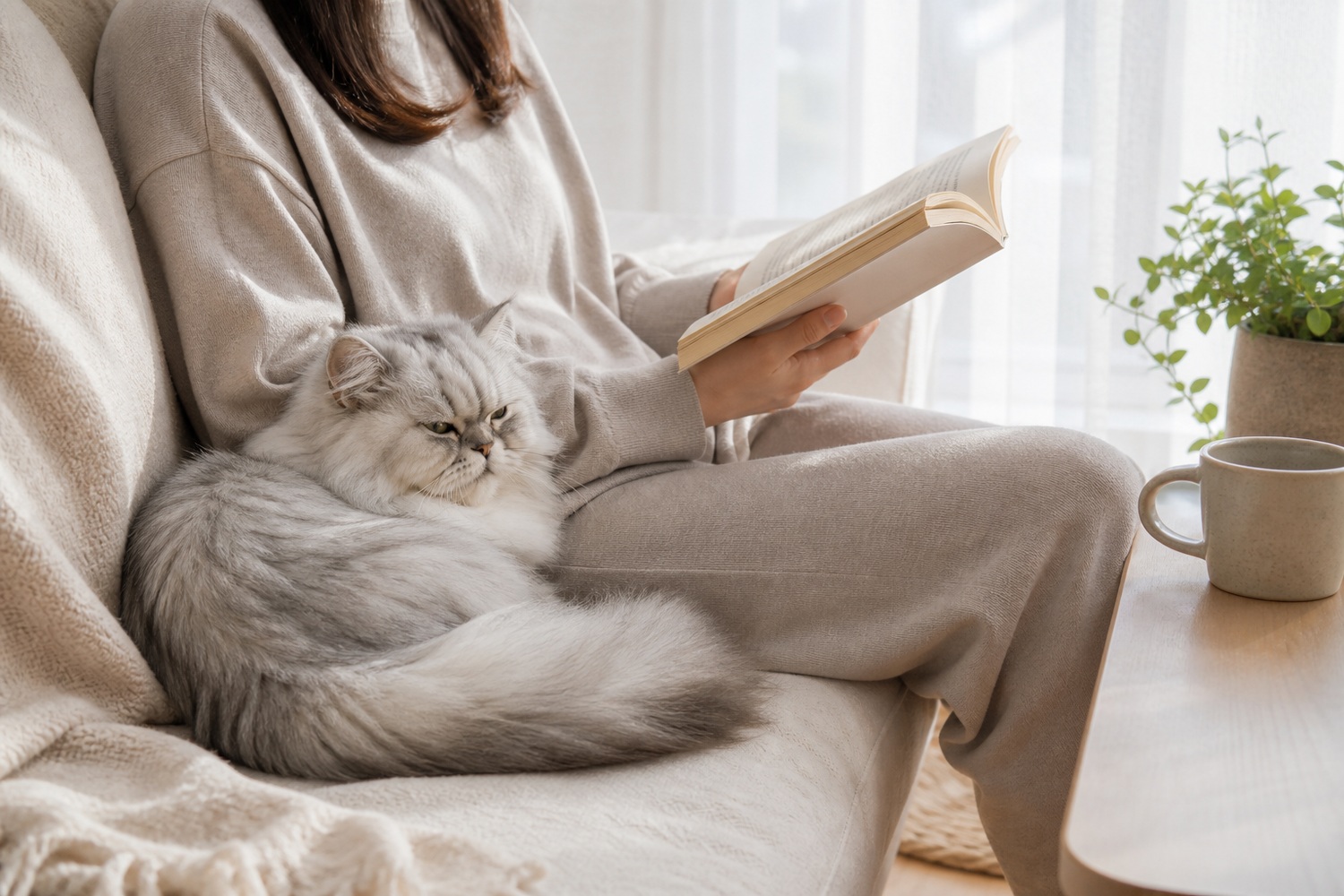 ソファで本を読む人の腕のくぼみに自分から丸まって寄り添うシルバーグレーのペルシャ。静かに穏やかに過ごす暮らし