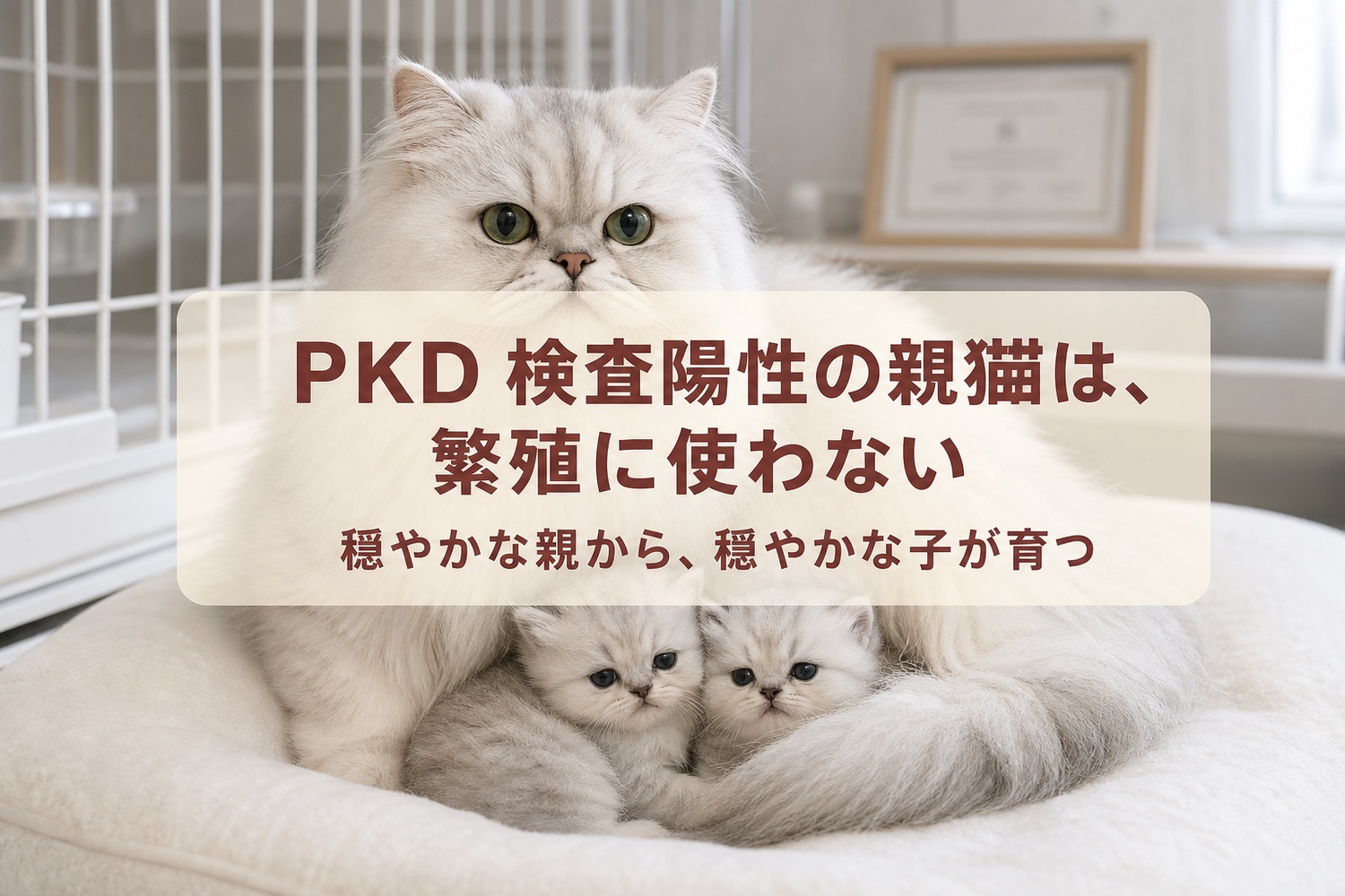 キャッテリーで子猫2匹に寄り添う親ペルシャ。PKD検査陽性の親猫は繁殖に使わない、穏やかな親から穏やかな子が育つ
