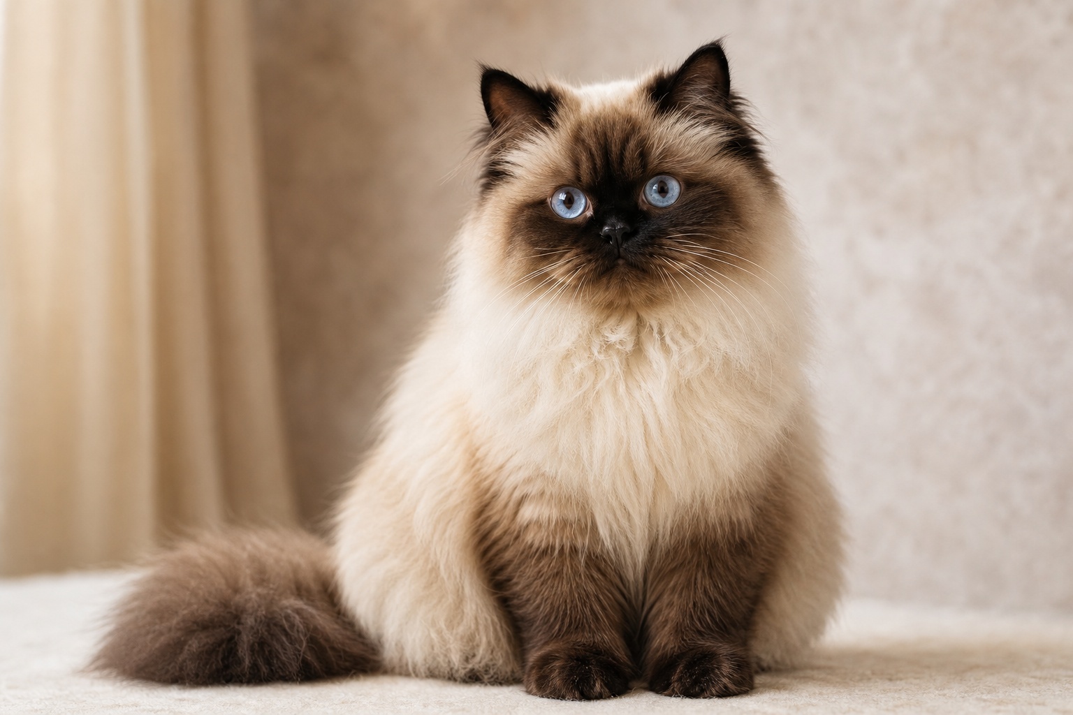 濃いシールポイントと青い瞳が美しいヒマラヤン猫の優雅なポートレート