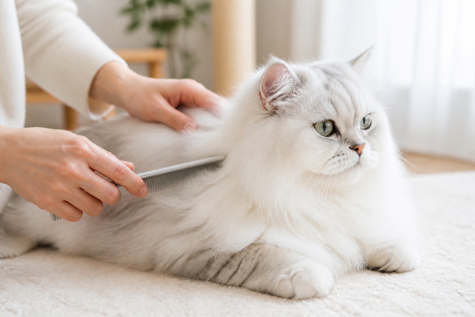 長毛猫の被毛を優しくブラッシングする日々のケアシーン写真