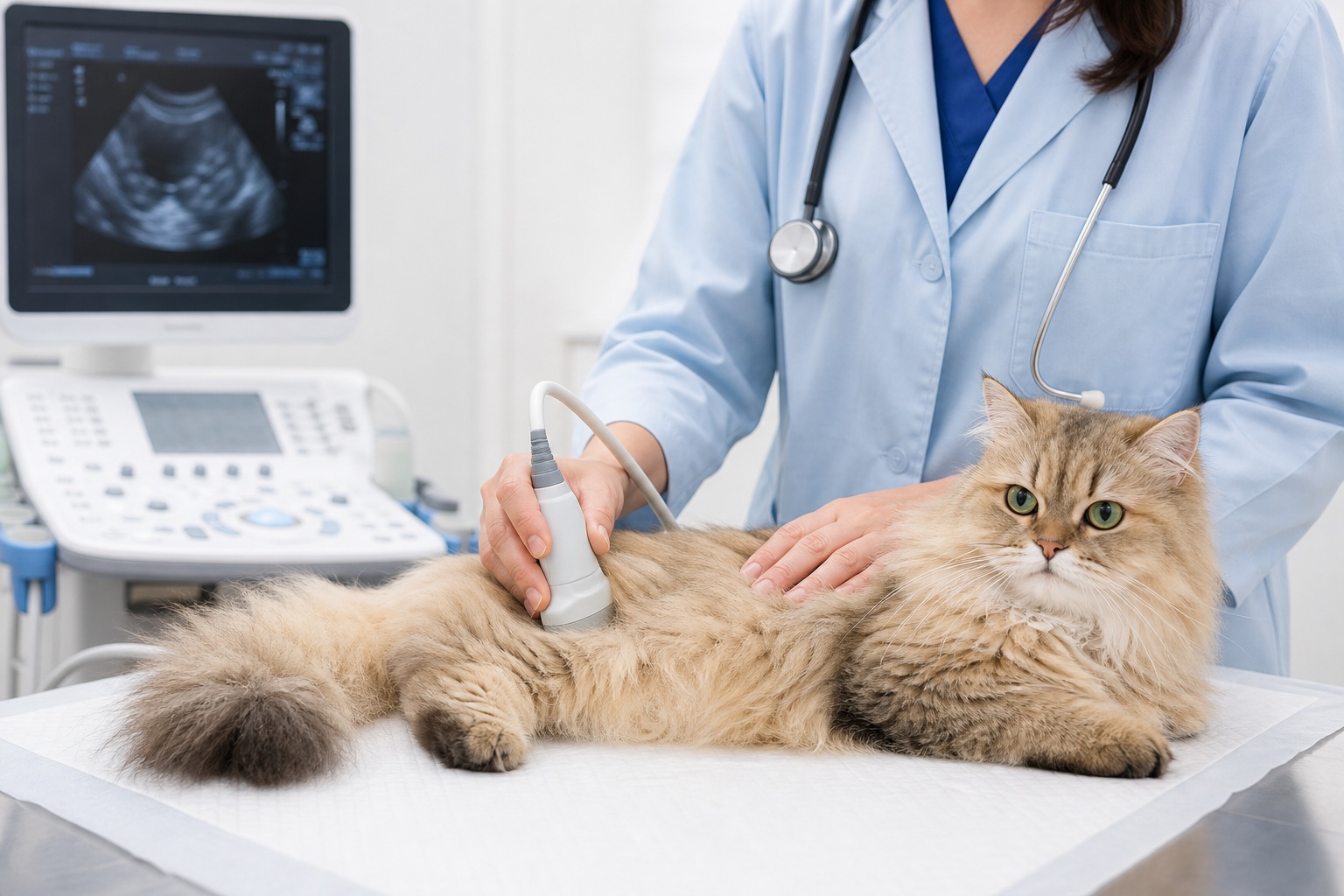 長毛猫がPKD検診のためエコー検査を受ける動物病院の写真