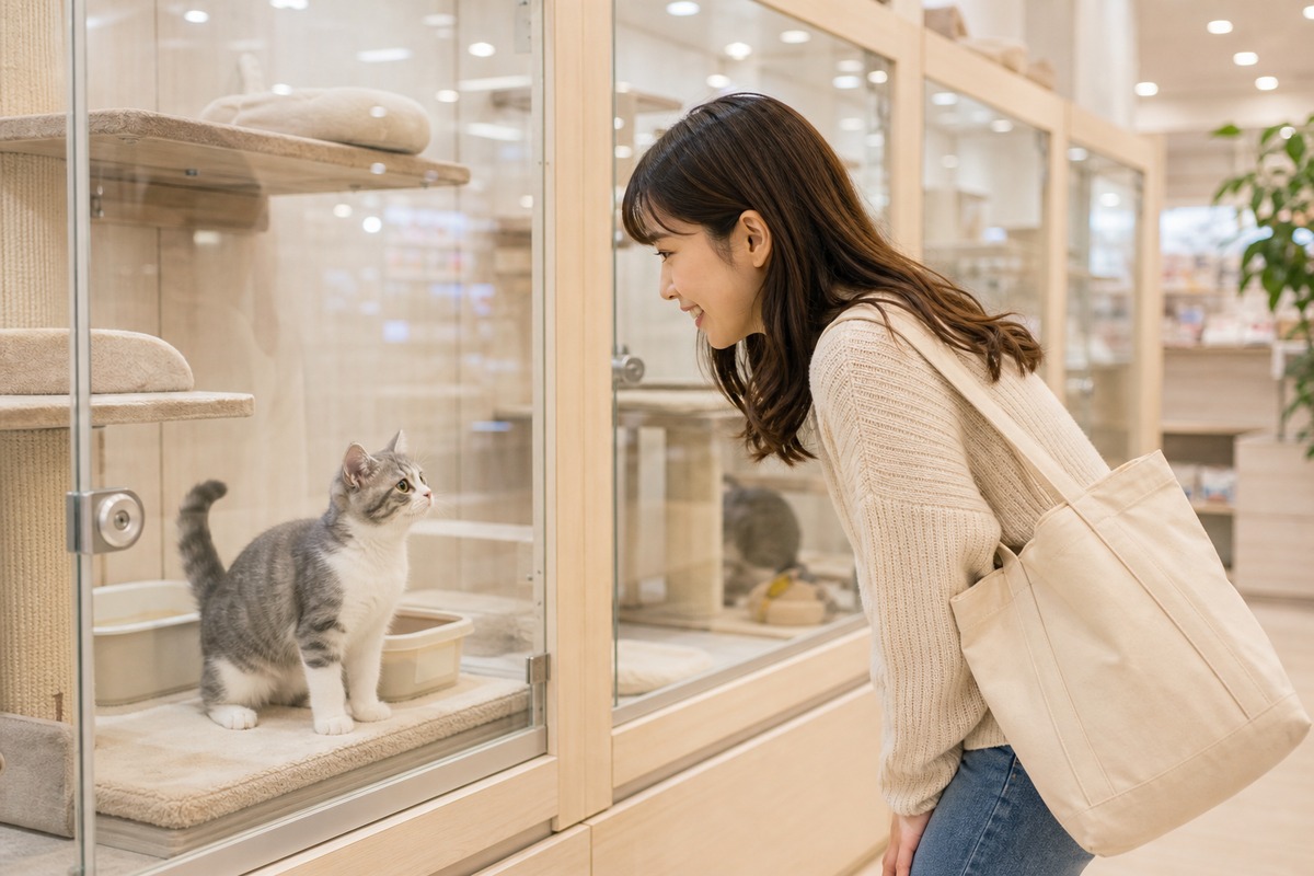 清潔なペットショップで猫を見る来店客の様子