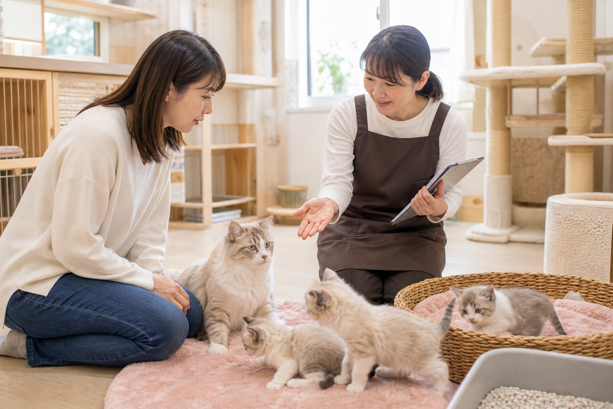 ブリーダー施設で親猫と子猫を見学する飼い主