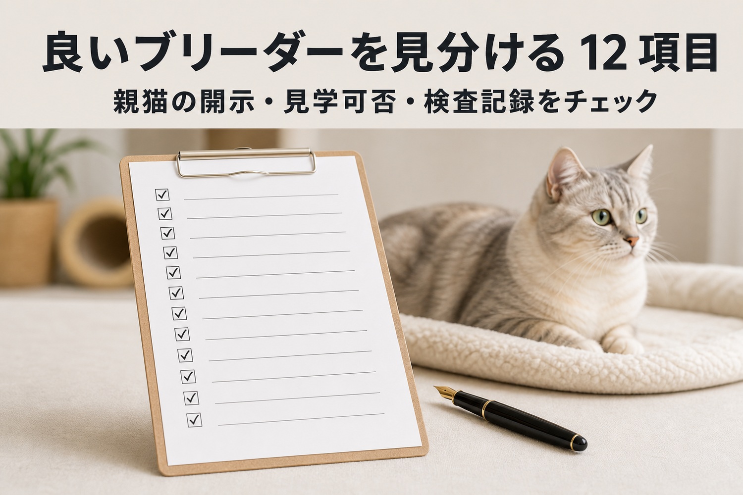 良いブリーダーを見分ける12項目のチェックリスト。親猫の開示・見学可否・検査記録を確認