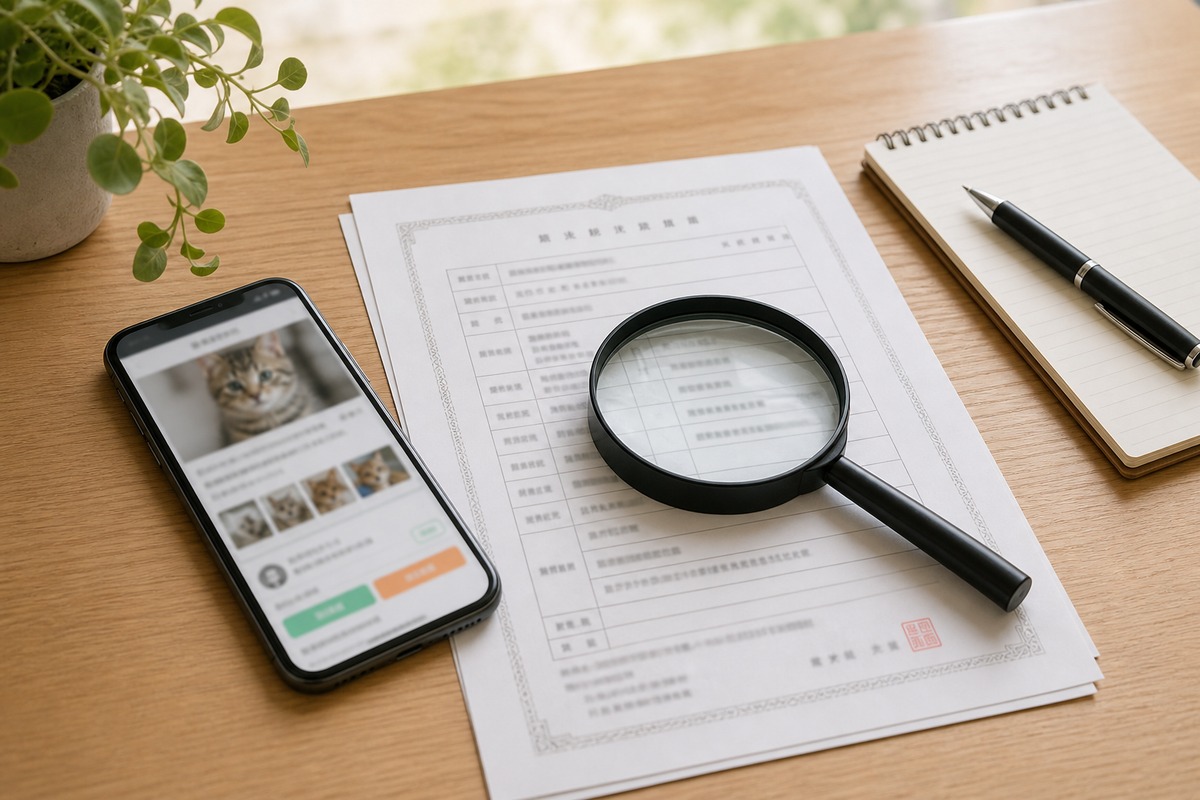 血統書を虫眼鏡で確認し、スマホでブリーダー情報を照合する様子