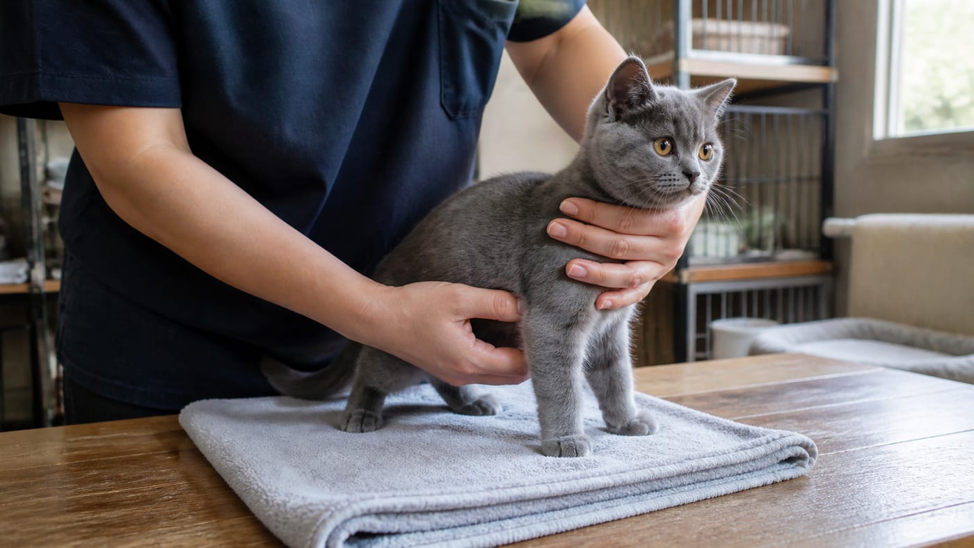 タオルの上に立つ子猫の体をブリーダーが両手で触って確認している様子