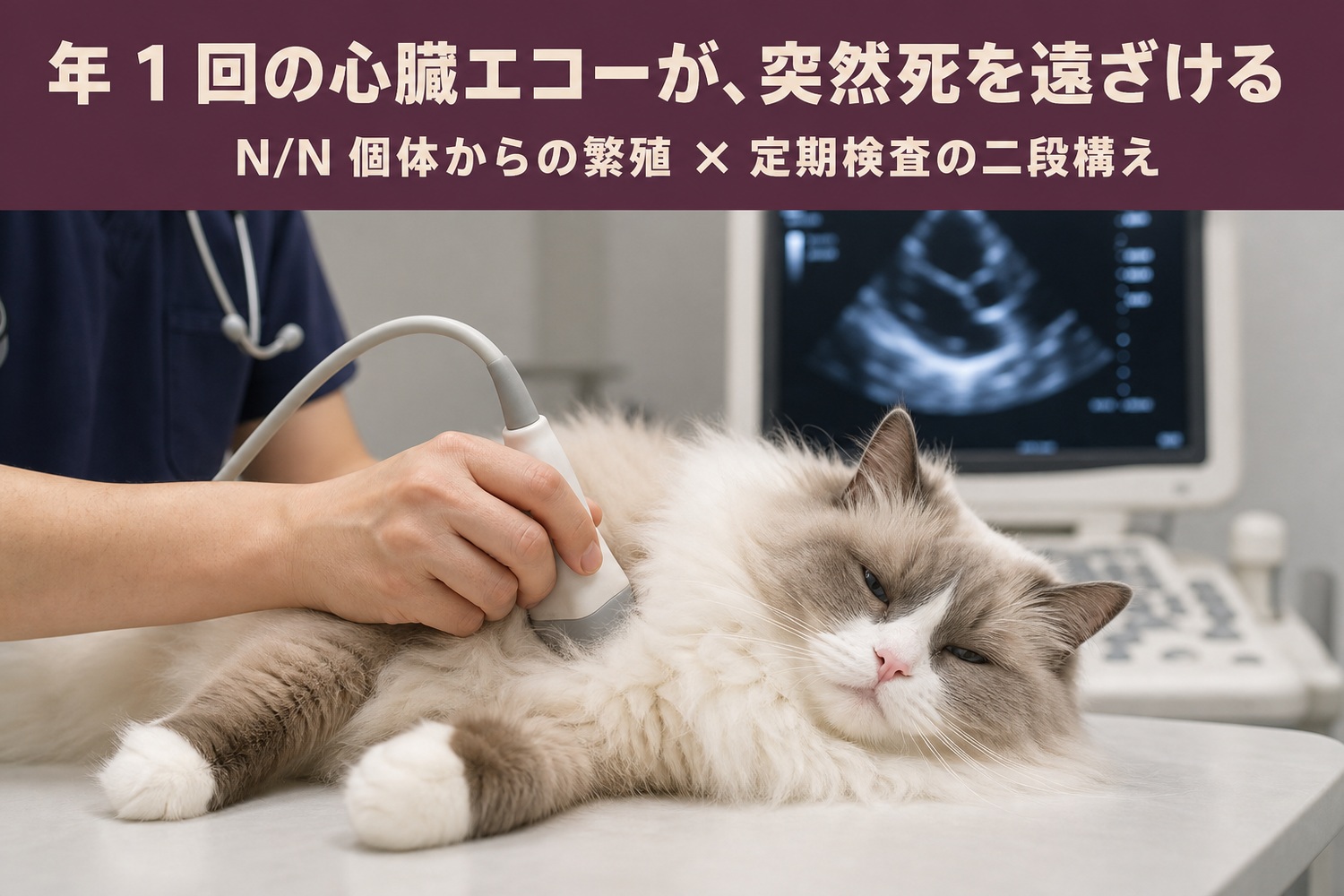 心臓エコー検査を穏やかに受けるラガマフィン。年1回の心臓エコーが突然死を遠ざける、N/N個体からの繁殖×定期検査の二段構え
