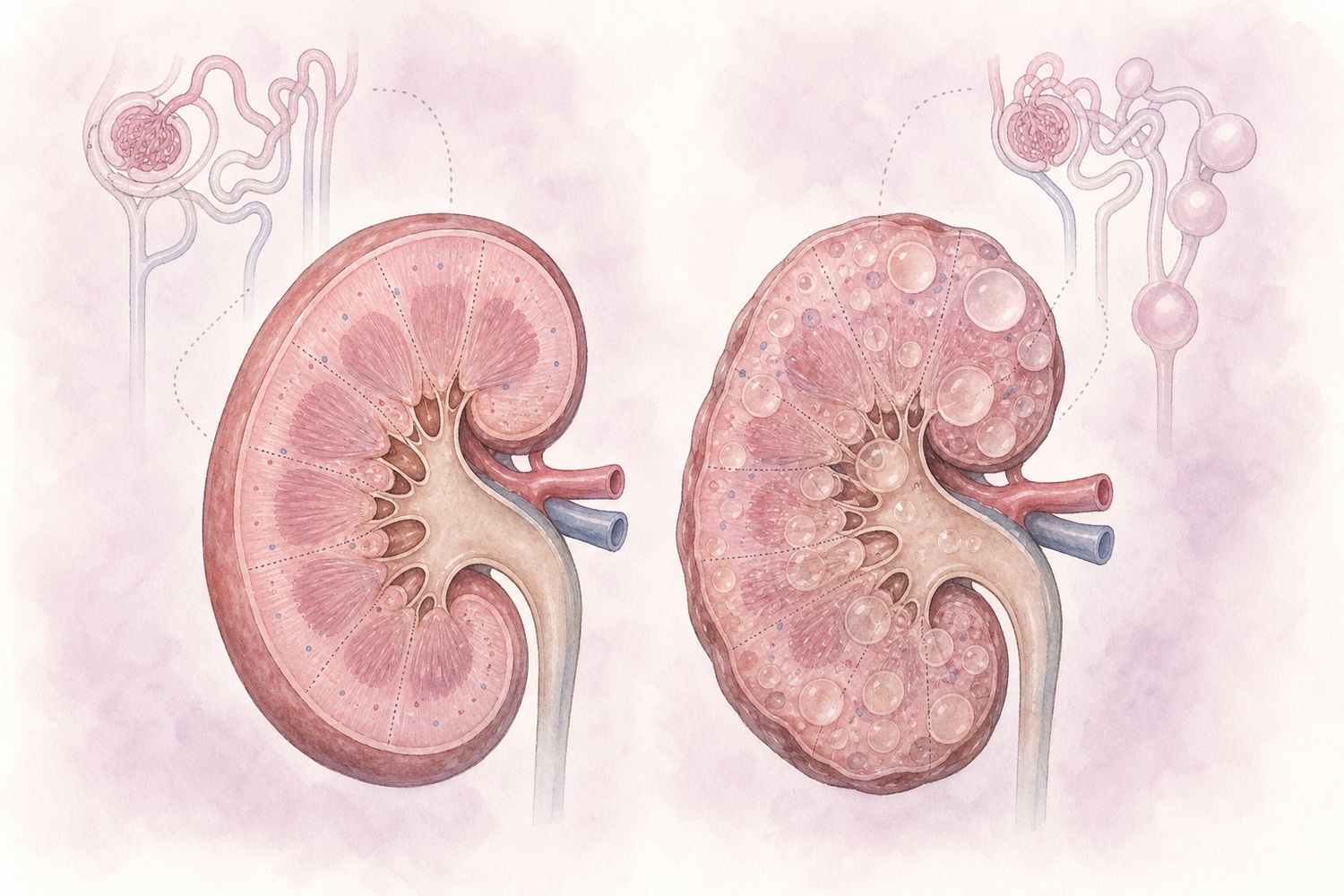 健康な腎臓(左)とPKDで嚢胞ができた腎臓(右)を並べた水彩の医学イラスト。嚢胞をやわらかく表現した非グロな比較図