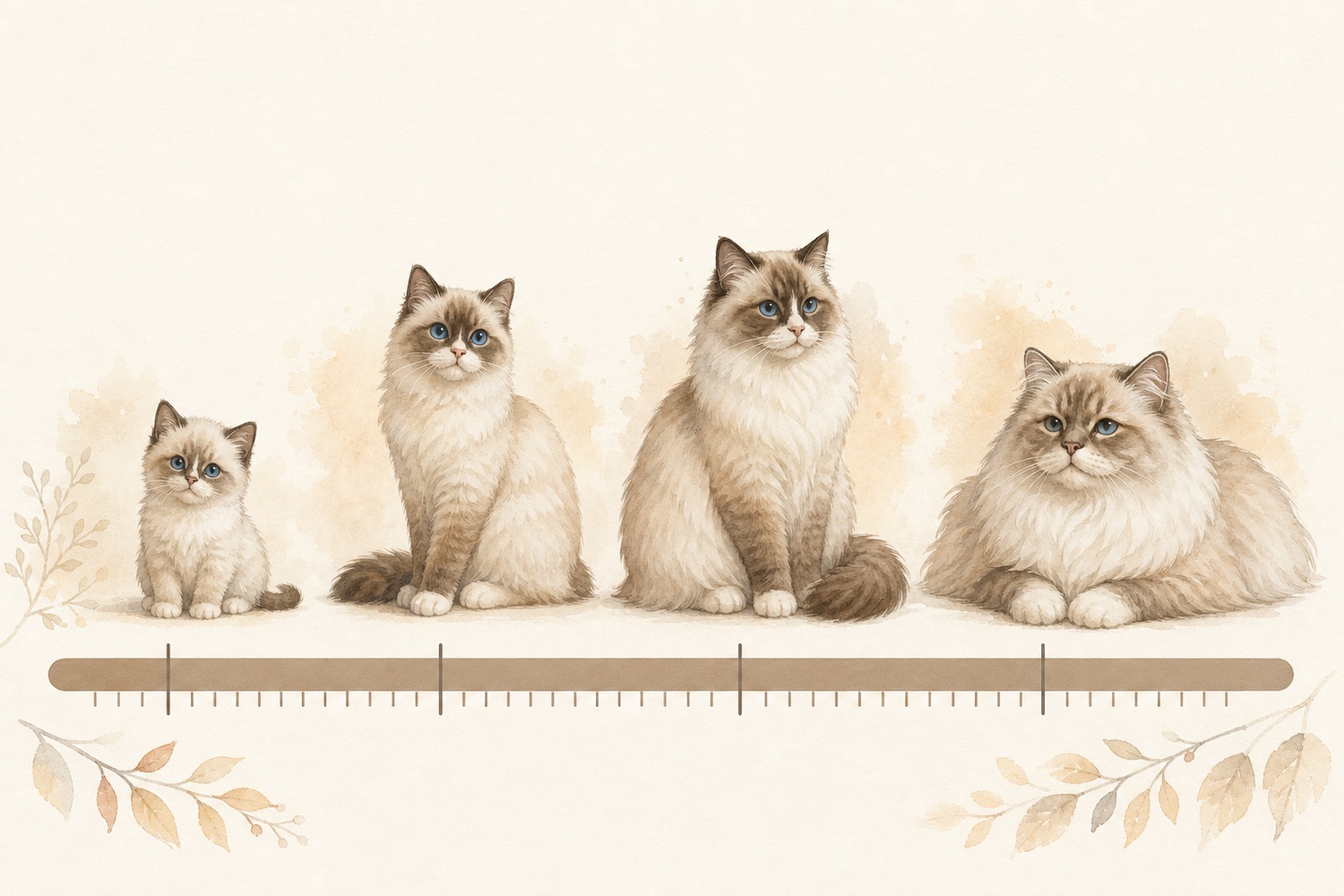 子猫から堂々としたシニアまで、ラガマフィンの一生を年齢の目盛りに沿って並べた水彩イラスト。平均寿命12〜16年の長い道のり