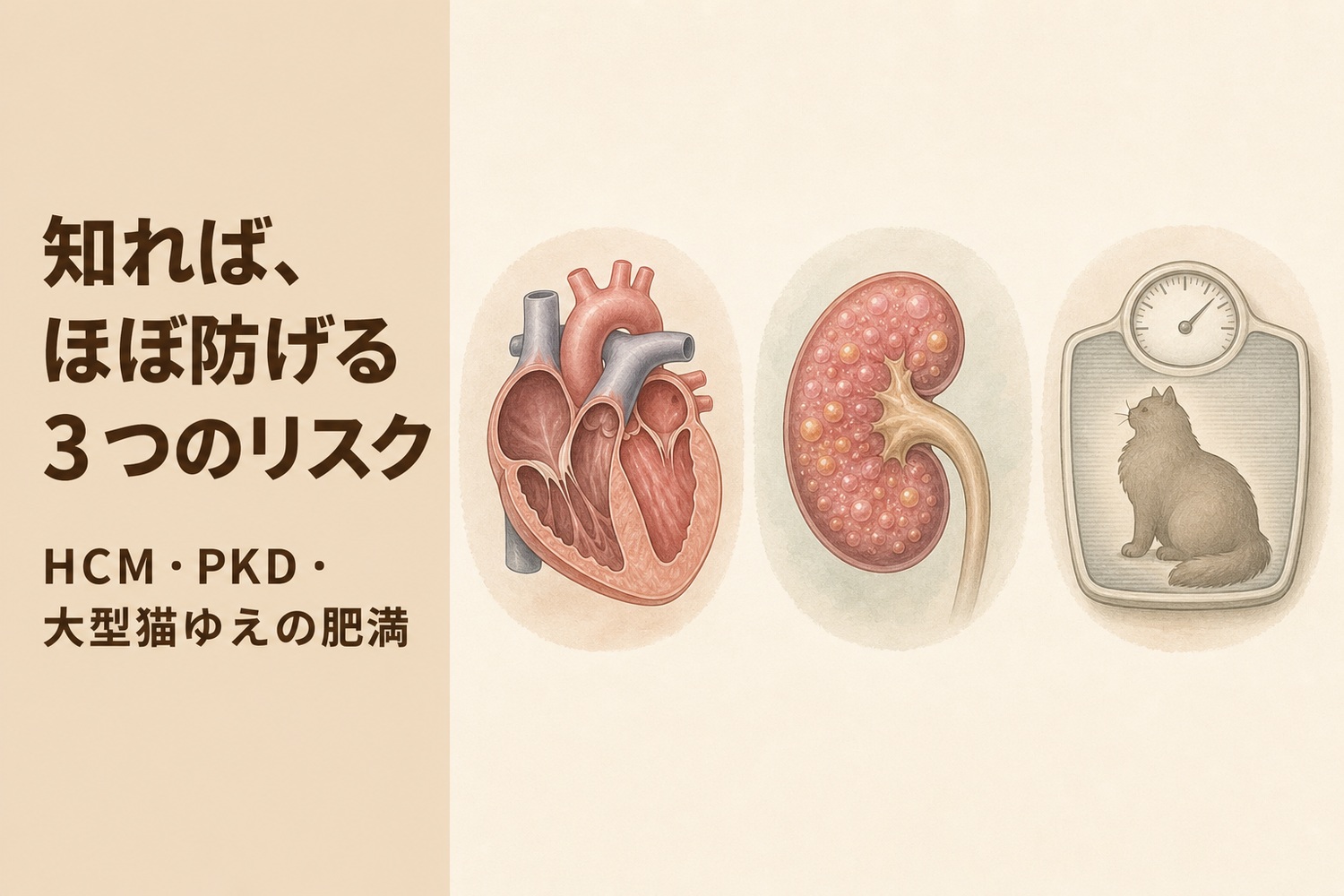 心臓・腎臓・体重計に乗る猫を半写実で描いた3アイコン。知れば、ほぼ防げる3つのリスク——HCM・PKD・大型猫ゆえの肥満