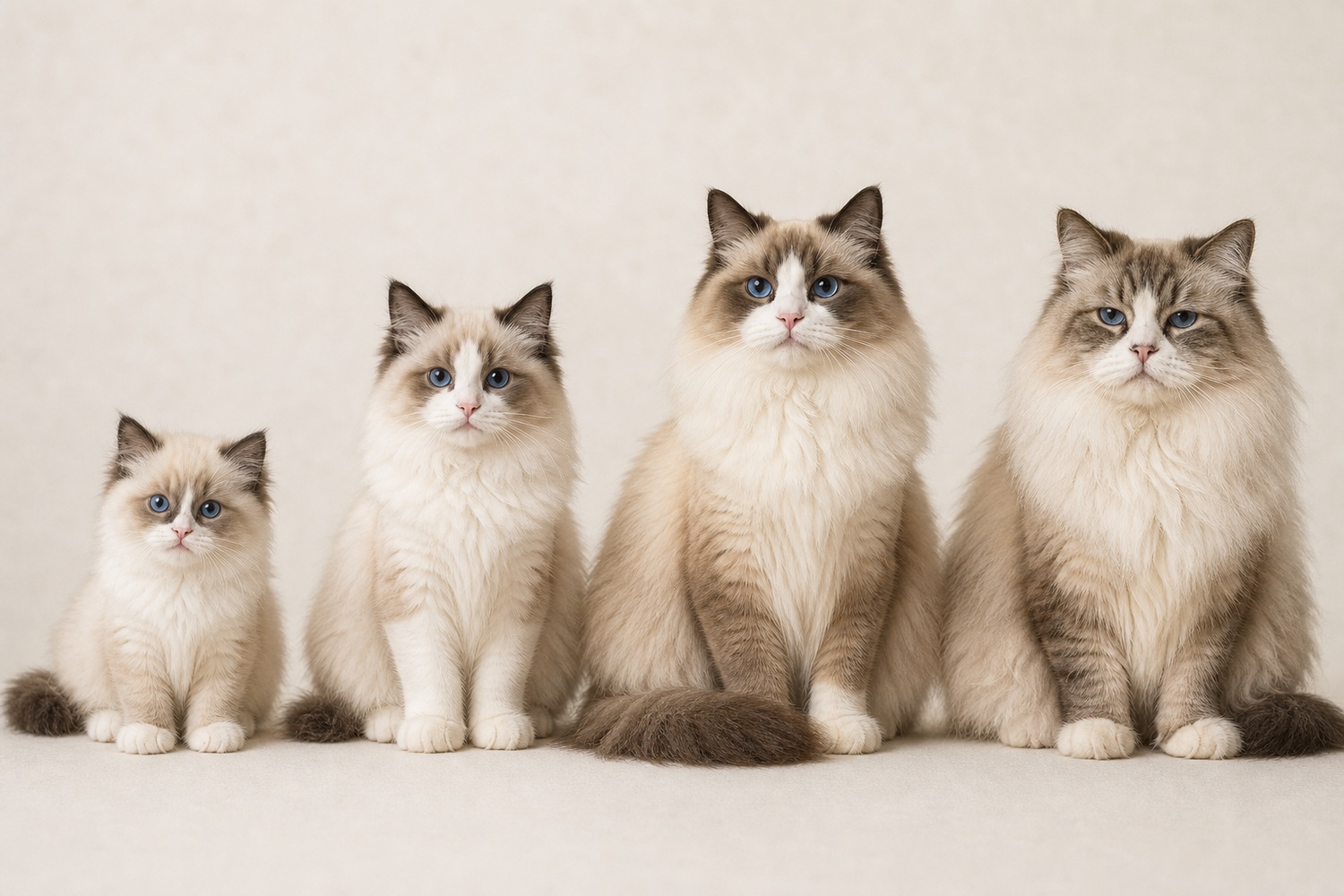 子猫・若齢成猫・成猫・シニアの4頭のラガマフィンを同じ照明で並べたポートレート。年齢とともに変わる体格と被毛