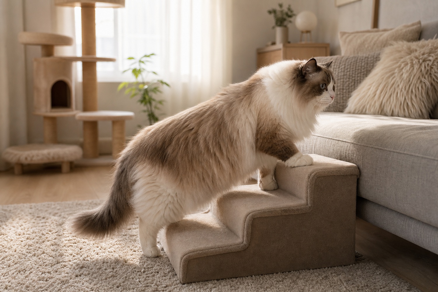 スロープ状の踏み台を使ってソファに上がるシニアのラガマフィン。低いキャットタワーと滑り止めラグでシニア向けに整えた室内