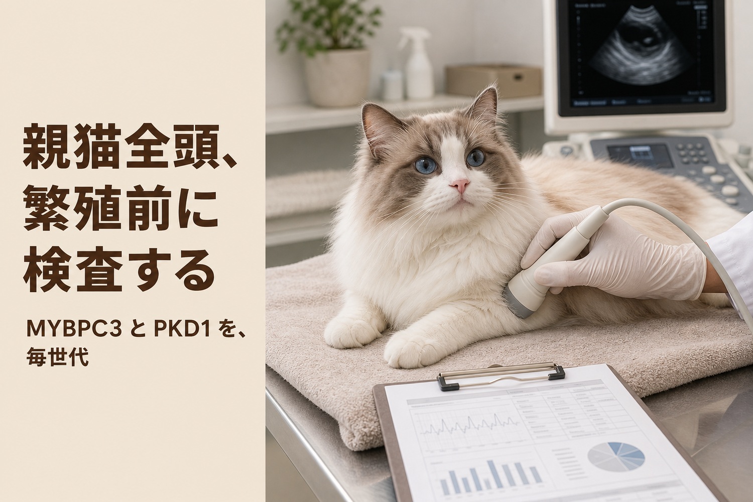 穏やかに心臓エコーを受ける親ラガマフィン。親猫全頭、繁殖前に検査する——MYBPC3とPKD1を、毎世代