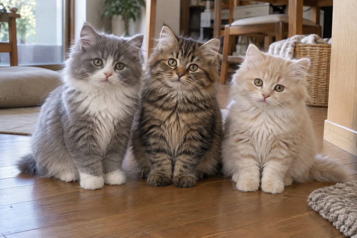 色の違う3頭のラガマフィンの子猫が並んで座っている。左からブルー＆ホワイト、ブラウンタビー、クリームタビーで、どの子も長めの毛でふさふさしている