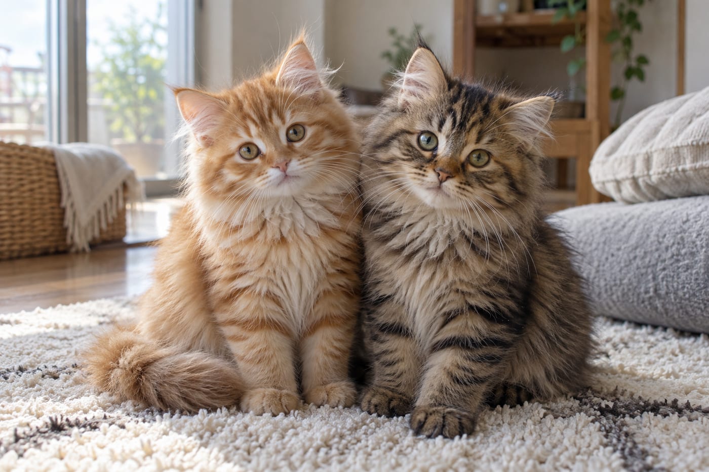 寄り添って座る、レッドタビー（茶トラ）とブラウンタビー（キジトラ）のラガマフィンの子猫。茶トラはオレンジ色の体に濃いオレンジの縞、キジトラは茶色い体に黒っぽい縞がある
