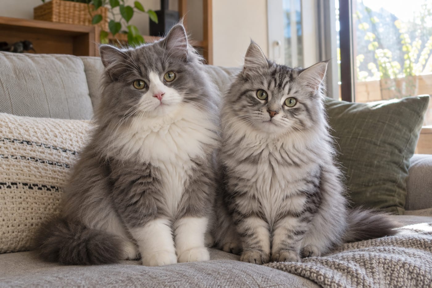 並んで座る、ブルー＆ホワイトのラガマフィンの子猫と、シルバータビー（銀色に黒い縞）のラガマフィンの子猫。どちらも長めの毛でふさふさしている