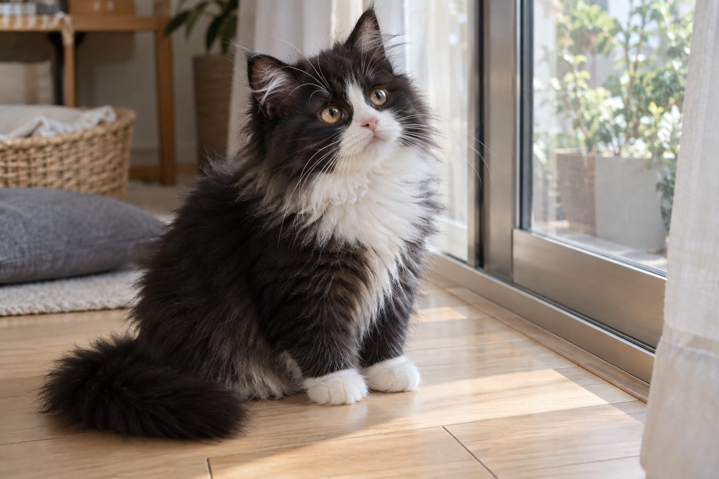 黒と白のラガマフィンの子猫。体は黒く、胸と足先、鼻のまわりが白い。長めの毛でふさふさしている