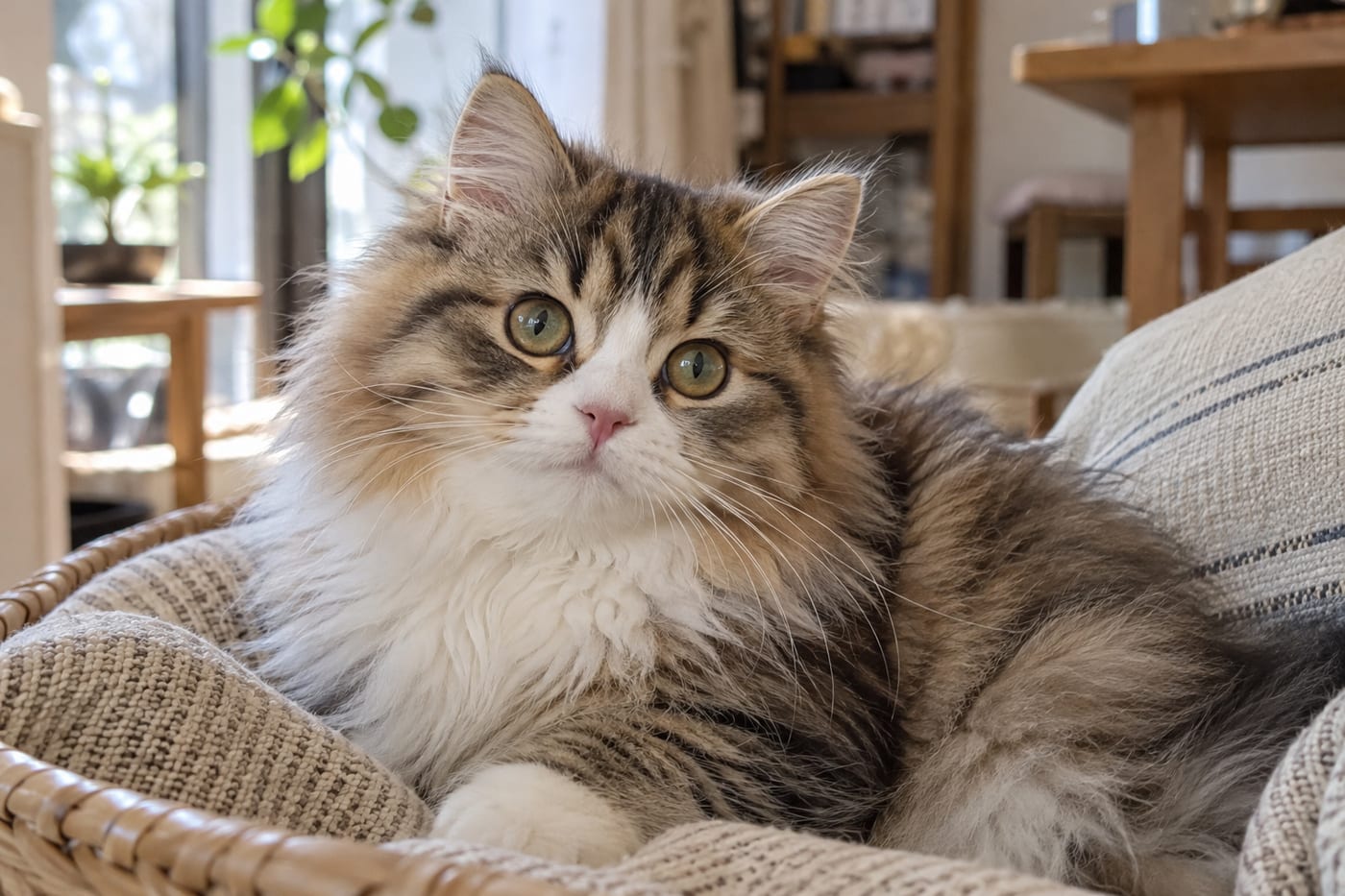 ブラウンタビー＆ホワイト（キジ白）のラガマフィンの子猫の顔のアップ。茶色い縞の顔で、鼻のまわりと口元が白く、毛がふさふさしている